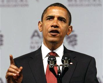 obamaama President Barack Obama delivers remarks on health care reform at the annual meeting of the American Medical Association, June 15, 2009 in Chicago. (AP)