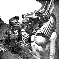 Main illustration from the short story 'The Opener of the Way.' Internal Illustration from the pulp magazine Weird Tales (October 1936, vol. 28, no. 3, page 277).