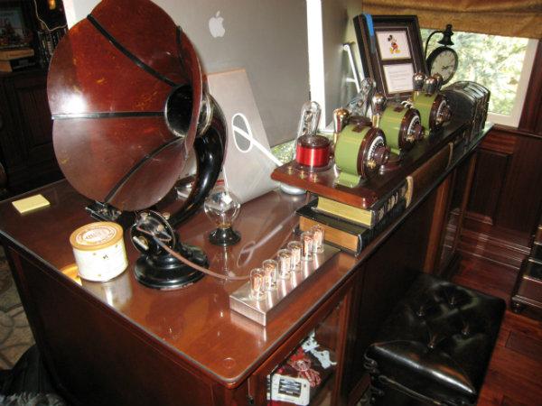 Ed Skoudis describes his Steampunk office as “a mad scientists’ lab from the 1880s.” There’s a model train that runs along the ceiling. He also has Edison bulbs, an Enigma machine, vintage radios from