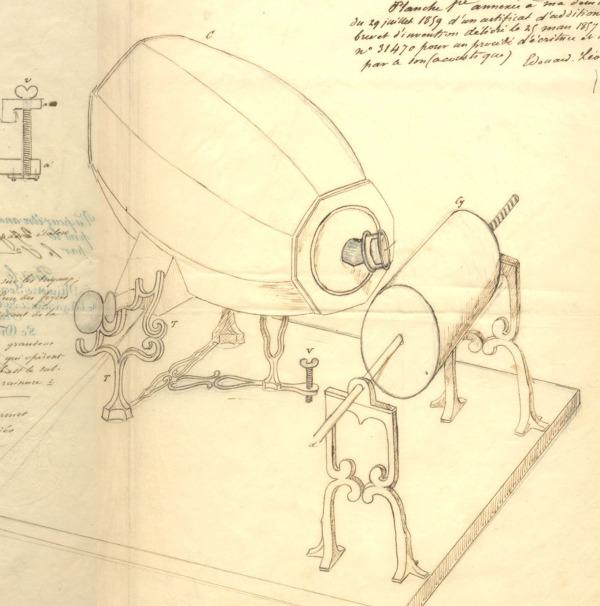 An 1859 drawing of the phonautograph by French inventor Édouard-Léon Scott de Martinville