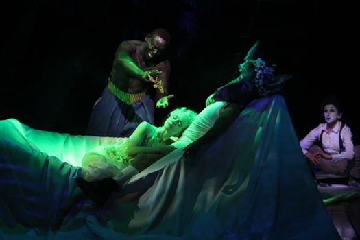 Left to right: Oberon (David Harewood), Titania (Tina Benko), Bottom (Max Casella), and Puck (Kathryn Hunter).