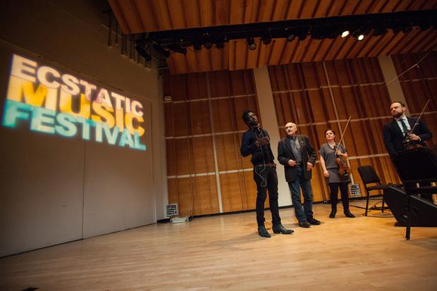 Saul Williams and Mivos Quartet perform at the Ecstatic Music Festival on February 26th, 2014