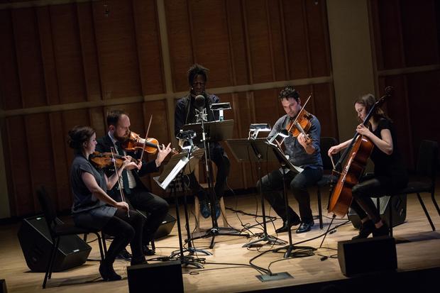 Saul Williams and Mivos Quartet perform at the Ecstatic Music Festival on February 26th, 2014