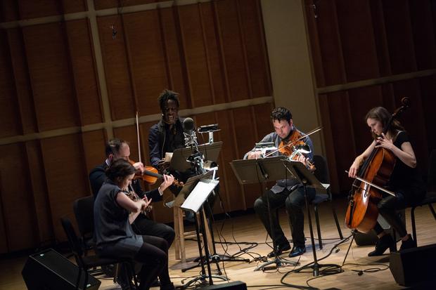 Saul Williams and Mivos Quartet perform at the Ecstatic Music Festival on February 26th, 2014