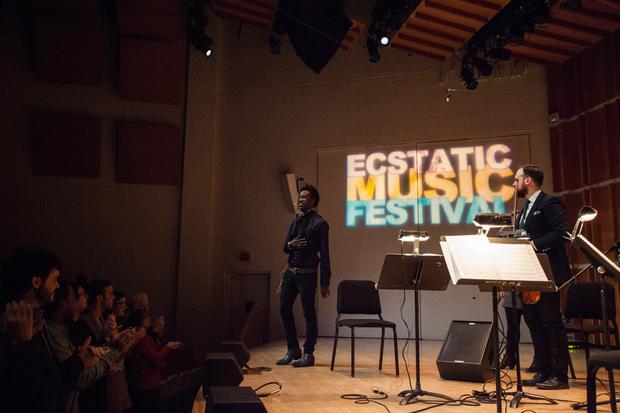 Saul Williams and Mivos Quartet perform at the Ecstatic Music Festival on February 26th, 2014