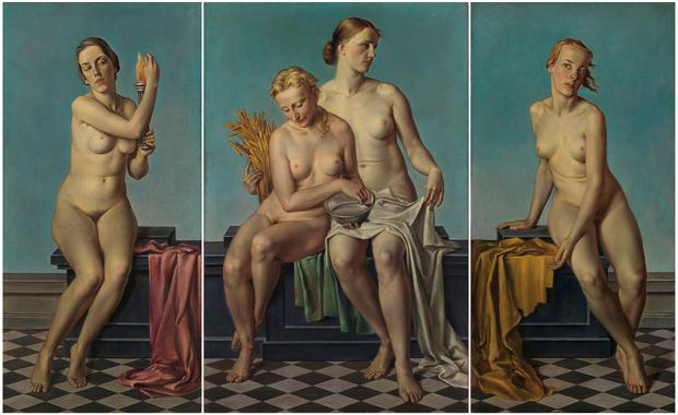Adolf Ziegler (1892-1959) The Four Elements: Fire (left wing), Earth and Water (center panel), Air (right wing), 1937