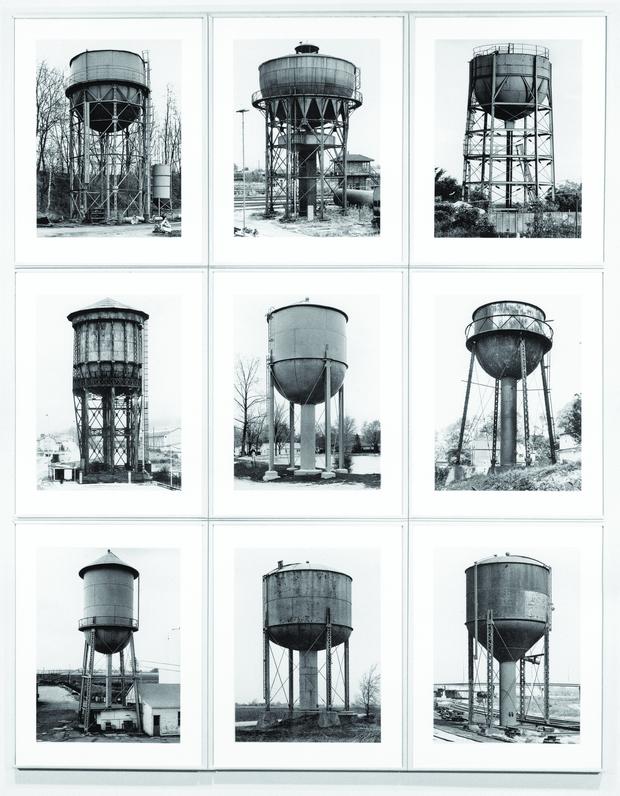 Bernd Becher (1931–2007) and Hilla Becher (1934–), Water Towers, 1980; nine gelatin silver prints, approximately 156 x 125 cm (611/4 x 491/4 inches), Sonnabend Gallery, New York picture credit: © Bern