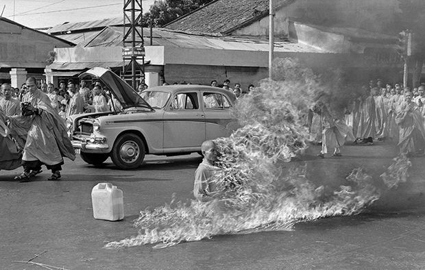 In the first of a series of fiery suicides by Buddhist monks, Thich Quang Duc burns himself to death on a Saigon street