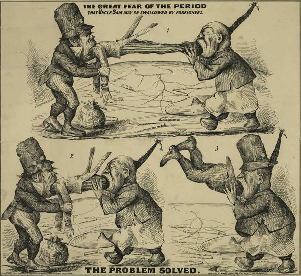 “The Great Fear of the Period—That Uncle Sam May be Swallowed by Foreigners. The Problem Solved” (San Francisco: White & Bauer Lithographers, late 1860s). Courtesy of the Library of Congress.