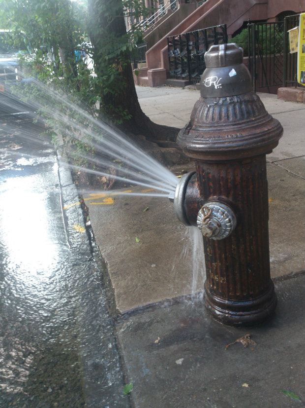 Hydrant with sprinkler cap, West 92nd Street between Columbus and Central Park West in July