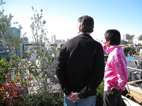 Kurt and Yoshi outside Atelier Bow Wow. As its building demonstrates, the firm is notable for creating designs in the nooks and crannies of jam-packed Tokyo.