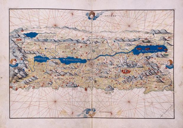 Battista Agnese, Portolano. Folios 15 verso–16 recto, Land Map of Palestine Manuscript, Venice ca. 1552.