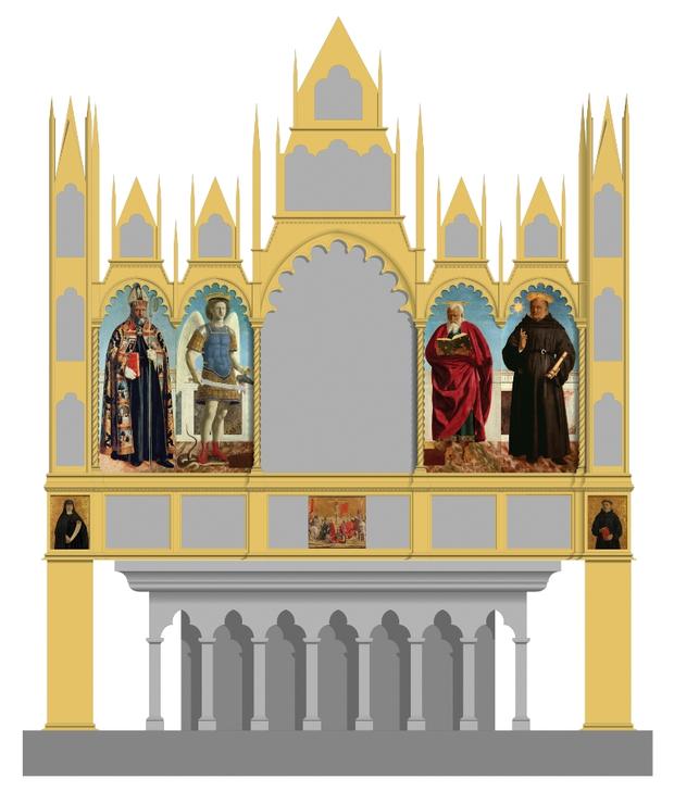 Hypothetical reconstruction of Piero’s altarpiece for the Church of Sant’Agostino, Borgo San Sepolcro, showing the position of seven of the altarpiece’s eight surviving panels. Hypothetical reconstruction of Piero’s altarpiece for the Church of Sant’Agostino, Borgo San Sepolcro, showing the position of seven of the altarpiece’s eight surviving panels.
