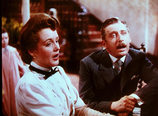Mary Astor in 'Meet Me in St. Louis,' 1944. Mary Astor and husband, Leon Ames, sing a song at Christmas, attended by daughter Margaret O'Brien. Mary Astor in