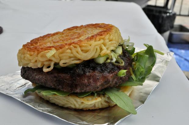 Ramen burger from Ramen Burger at Smorgasburg Ramen Burger at Smorgasburg