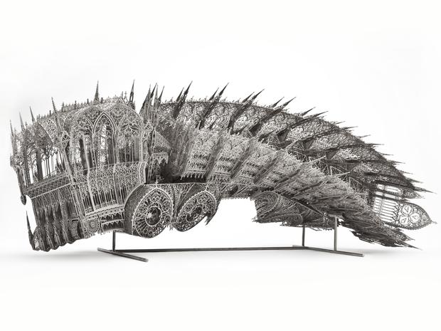 Wim Delvoye. Twisted Dump Truck (Counterclockwise, Scale model 1:5) (2011). Nickel-plated lasercut steel .