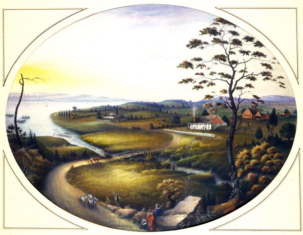 This post-abolition painting from 1848 portrays an idealized view of life in 18th-century Brooklyn, when slavery was still legal in the North.