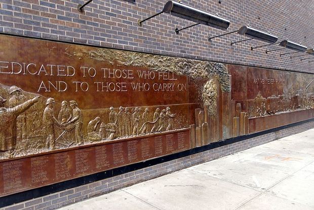 This FDNY memorial wall installed in the building of Engine Company 10 on Greenwich Street is 56 feet long, and depicts the 343 firefighters who died in service on 9/11.