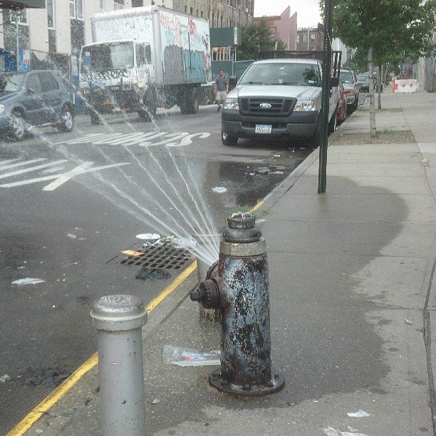 Hydrant with spray cap, Irving Avenue and Melrose Street, Bushwick
