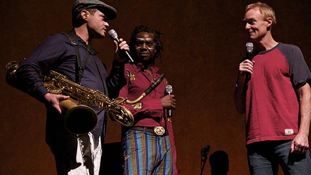 John Schaefer with members of Afrobeat ensemble Antibalas.