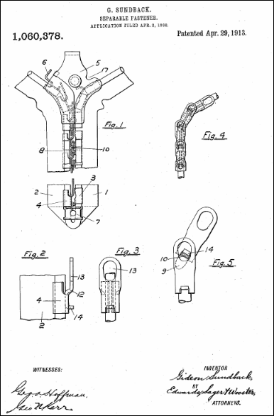 1913 Zipper Patent, by Gideon Sundback