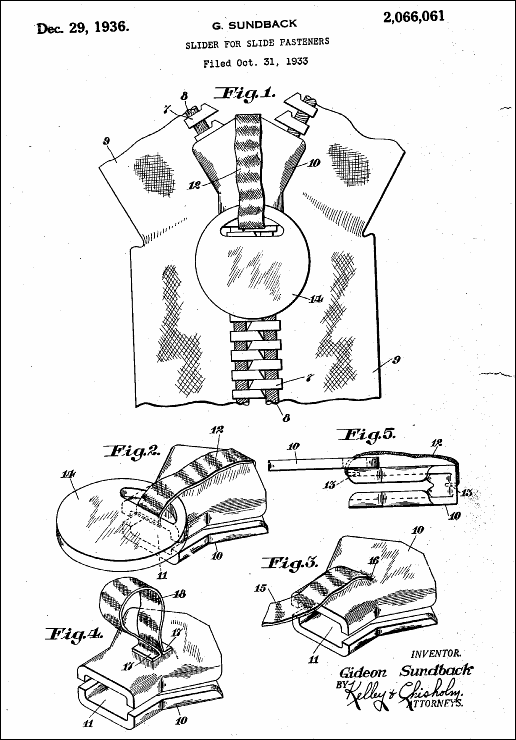 1936 Zipper Patent, by Gideon Sundback