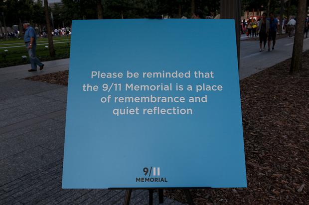 This sign greets visitors at the entrance to the 9/11 Memorial. World Trade Center