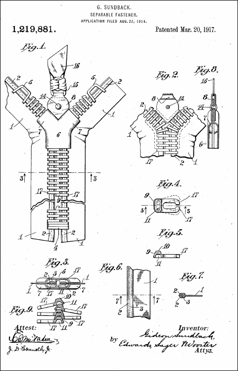 1917 Zipper Patent, by Gideon Sundback