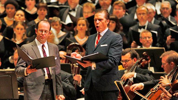 Tenor Vale Rideout and baritone Rod Gilfry perform soloists as President Lyndon Baines Johnson and Defense Secretary Robert Gates in Steven Stucky's August 4, 1964.