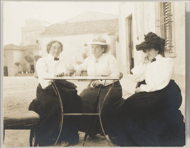 Claribel Cone, Gertrude Stein, and Etta Cone sitting at a table in Settignano, Italy, June 26, 1903.