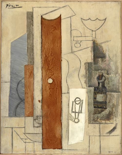 Guitar, Gas Jet, and Bottle. Paris, early 1913 Oil, charcoal, tinted varnish, and grit on canvas