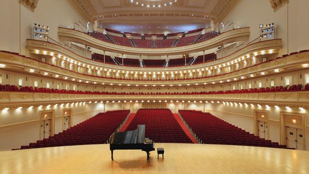 An iconic image of classical music: The Carnegie Hall stage set for a piano recital.