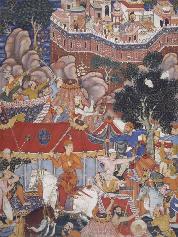 Basawan, Shravana and Tara (Attributed). Asad ibn Kariba launches a night attack on the camp of Malik Iraj: folio from a Hamzanama series