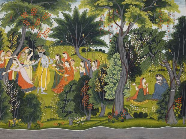 Purkhu (Attributed). Krishna flirting with the gopis, to Radha's sorrow: folio from a Gita Govinda series