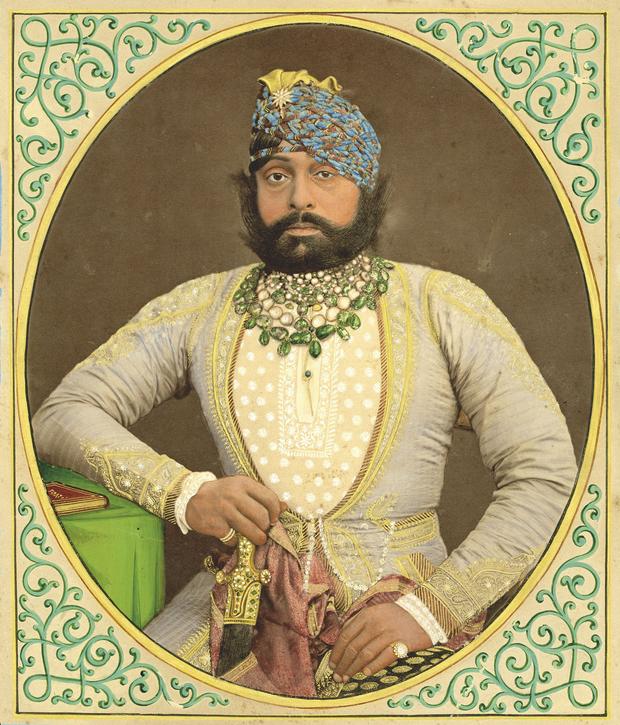 Photographer unknown, overpainted by Shivalal. Portrait of Jaswant Singh II of Jodhpur (1873–1896)