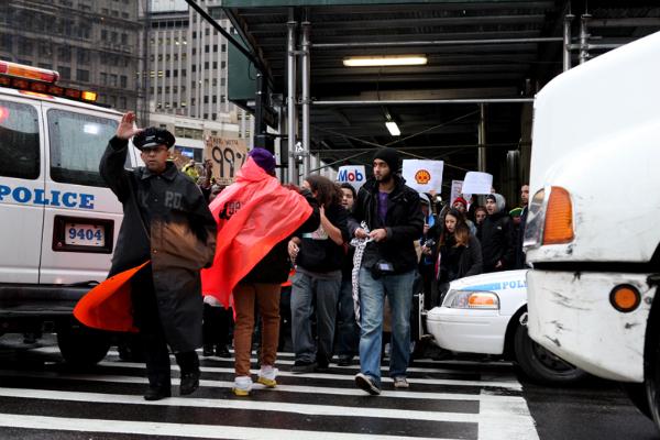 Officers blocking traffic as protesters head toward Union Square.