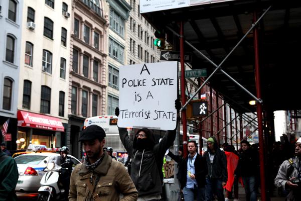Protesters marching through Soho.