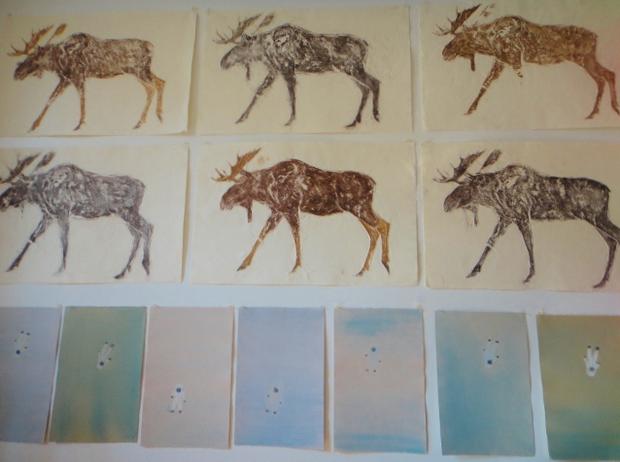 In his Brooklyn studio, Sudeith has impressions of carvings of a moose and a single floating astronaut. His images are a mix of the earthy and the hypertechnological.