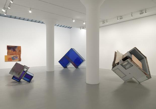 An installation view of Sarah Braman's work at Mitchell-Innes & Nash. In her latest pieces, Braman includes chunks of cut-up camper.