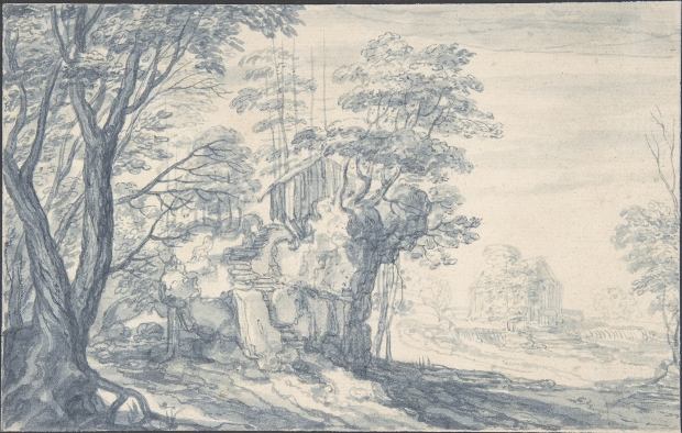 Also part of the drawings show are pieces by artists from present-day Germany, Switzerland and Austria. A 17th-century landscape by Isaak Major, in pen and blue ink, is shown above.