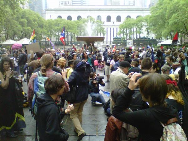 Protesters gather midday in Bryant Park.