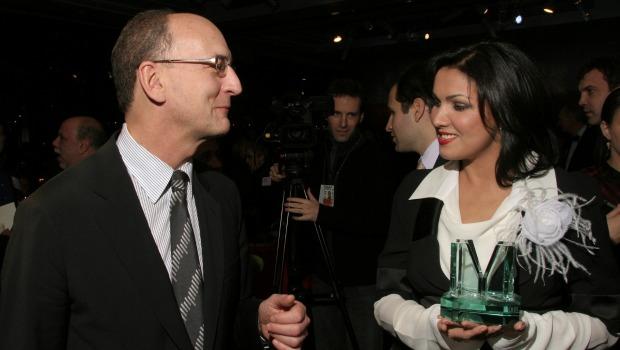 Metropolitan Opera General Manager Peter Gelb greets Russian soprano Anna Netrebko after she was presented Musical America’s 2008 Musician of the Year award at the Musical America Awards party at Linc