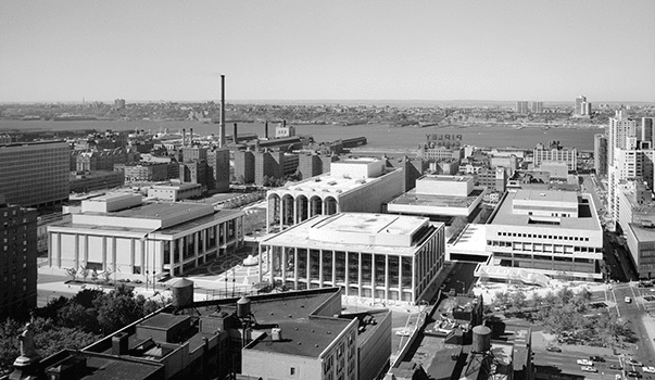 A 1969 view of Lincoln Center for the Performing Arts: at right, you can see how Broadway passes in front of the old Alice Tully Hall, slicing a triangle shape into the front of the block.