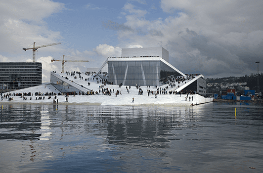 Built at a cost of almost a billion dollars, Norway's Oslo Opera House (completed in 2008) has an unconventional exterior, with a rooftop promenade has become a popular walk for Oslo residents.