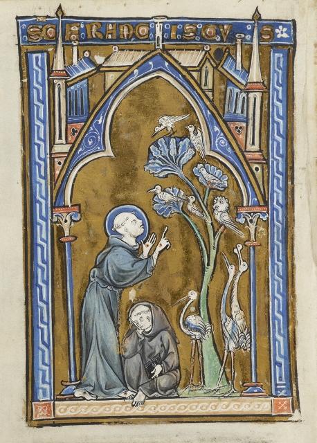 A piece of an illuminated manuscript from the 13th century shows St. Francis preaching to the birds.