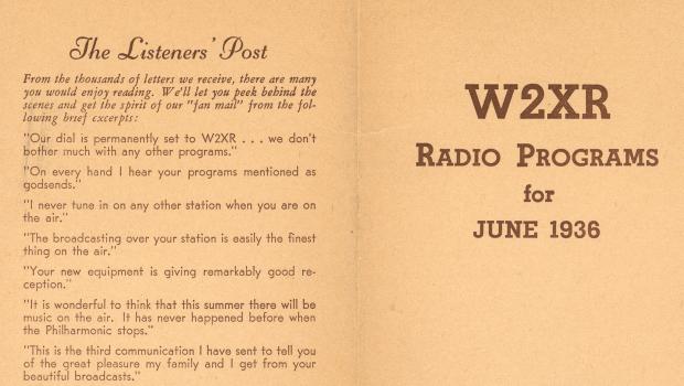 In June 1936, WQXR began producing a monthly program guide, sold over the air for 10 cents a copy. In June 1936, WQXR began producing a monthly program guide, sold over the air for 10 cents a copy.