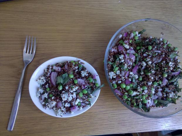 Lunch: Quinoa, shell peas, red onion, basil, gorgonzola cheese