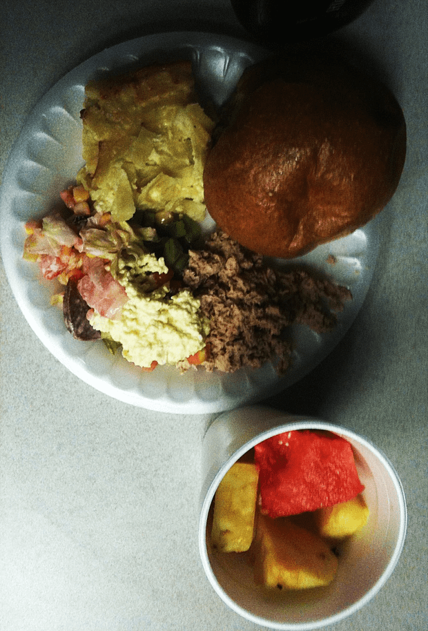 Lunch: Kugel; tuna fish; egg salad; Israeli salad; beet salad; whole wheat roll; watermelon and pineapple chunks; water