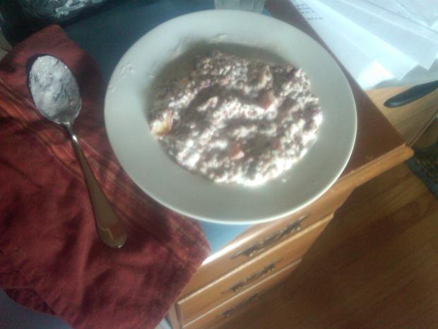 Breakfast: ¾ cup of plain nonfat yogurt, ½ cup of Kellogg’s Bran Buds, peach, ¼ cup of raspberries