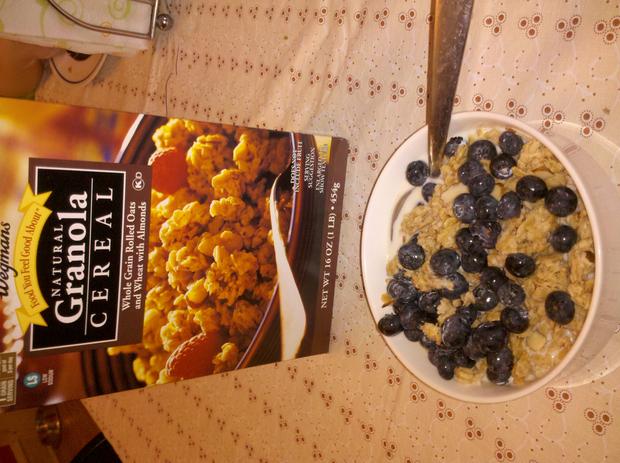 Breakfast: Wegman’s natural granola cereal with blueberries